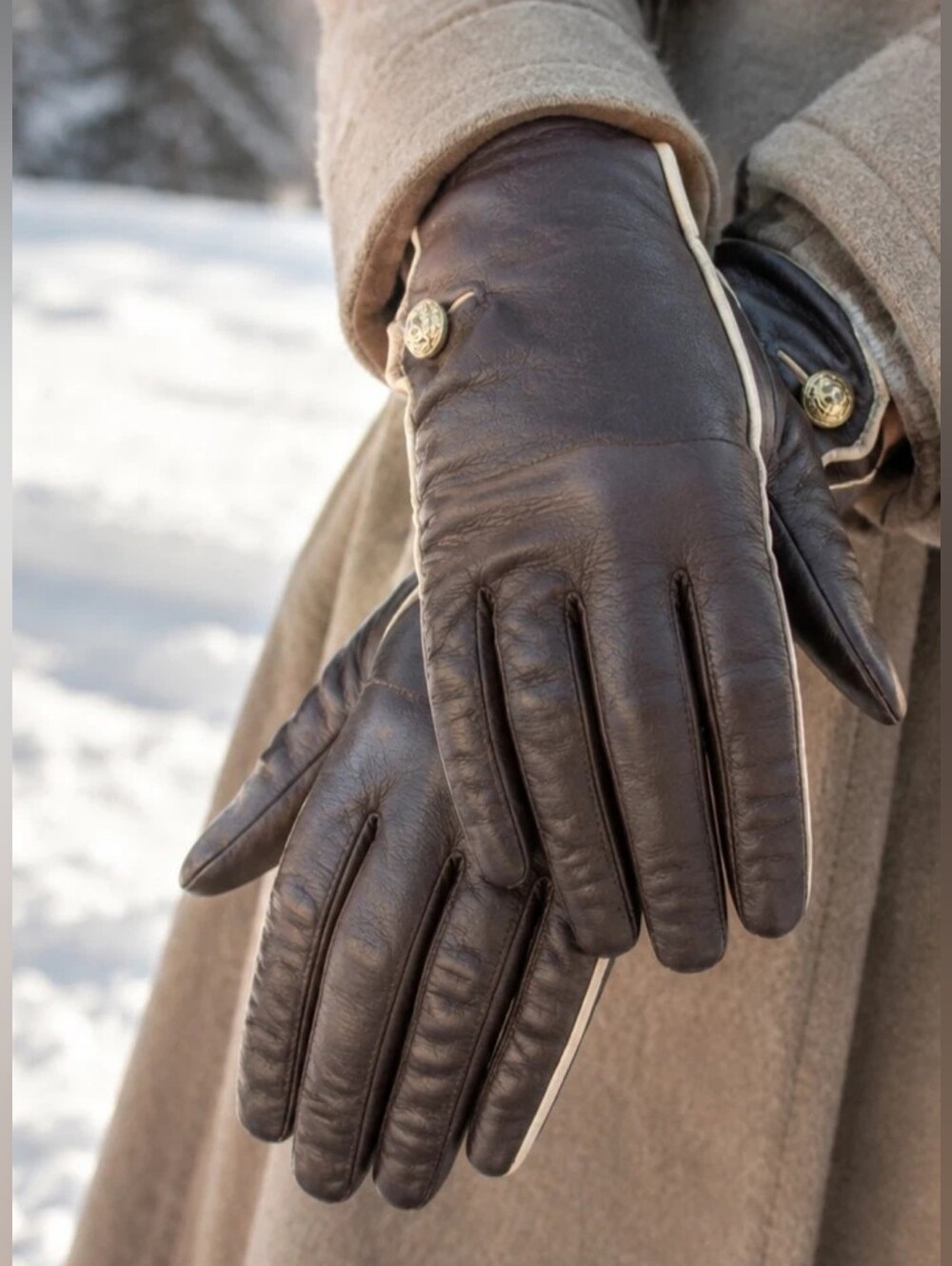 Women's Anne Klein Brown Leather Gloves with Trim Vintage 7.5